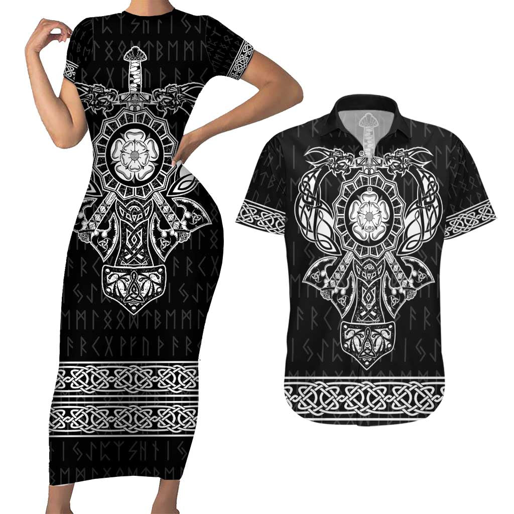 Vikings from Yorkshire Couples Matching Short Sleeve Bodycon Dress and Hawaiian Shirt Black Spirit of Jorvik - Wonder Print Shop