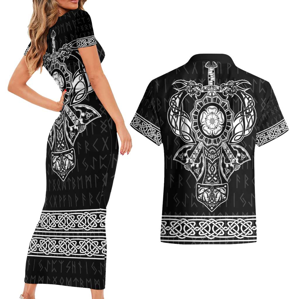 Vikings from Yorkshire Couples Matching Short Sleeve Bodycon Dress and Hawaiian Shirt Black Spirit of Jorvik - Wonder Print Shop