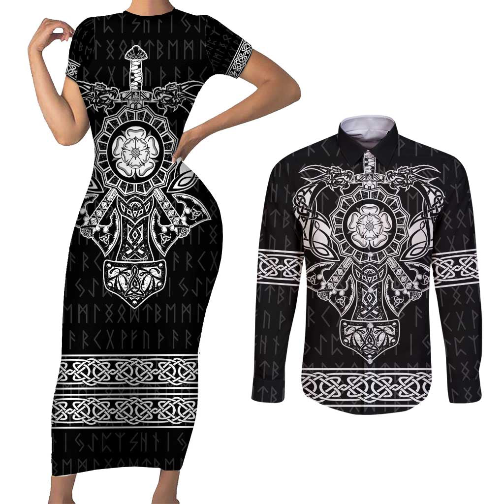 Vikings from Yorkshire Couples Matching Short Sleeve Bodycon Dress and Long Sleeve Button Shirt Black Spirit of Jorvik - Wonder Print Shop