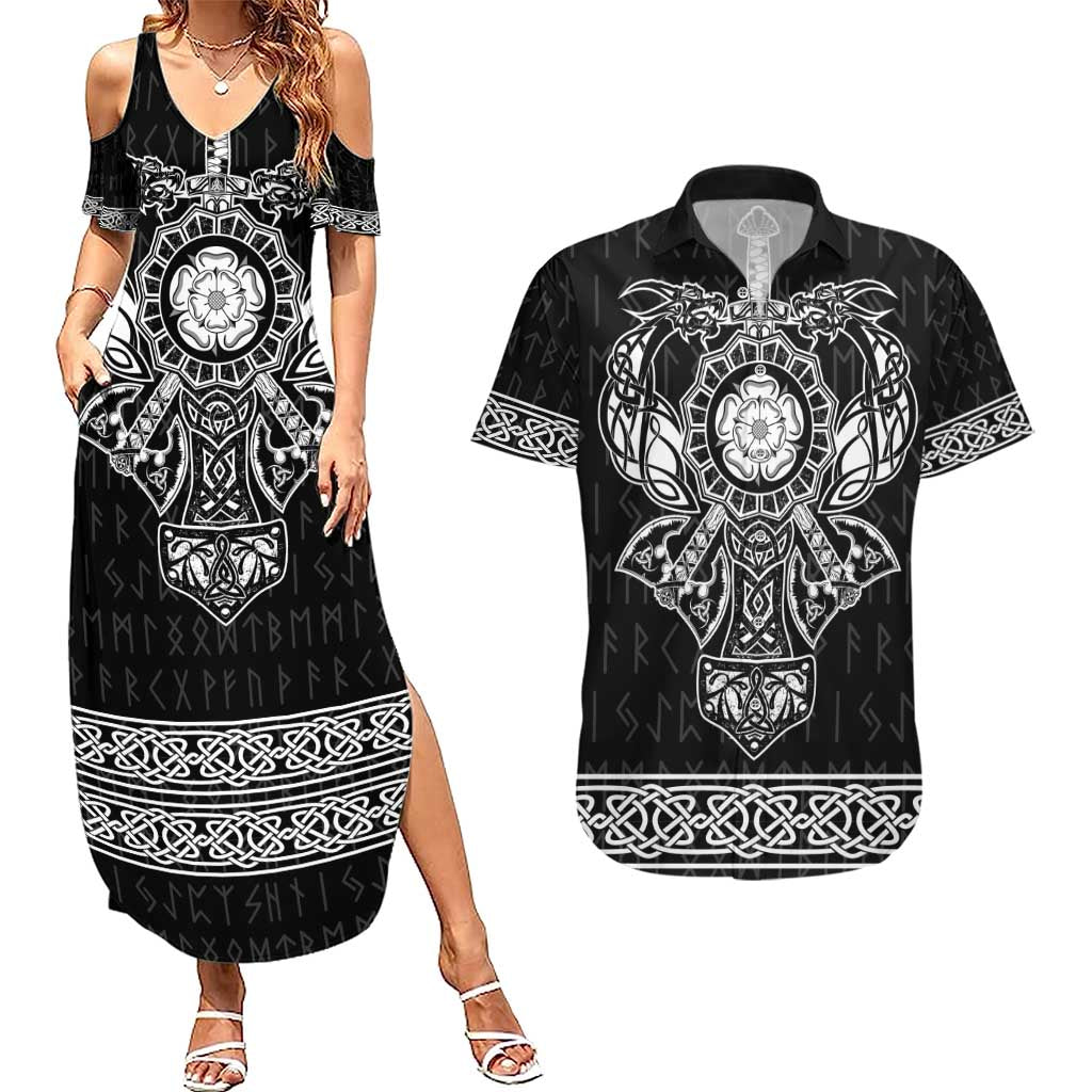 Vikings from Yorkshire Couples Matching Summer Maxi Dress and Hawaiian Shirt Black Spirit of Jorvik - Wonder Print Shop
