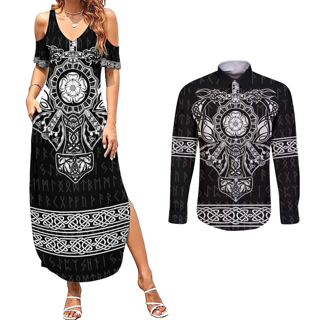 Vikings from Yorkshire Couples Matching Summer Maxi Dress and Long Sleeve Button Shirt Black Spirit of Jorvik - Wonder Print Shop