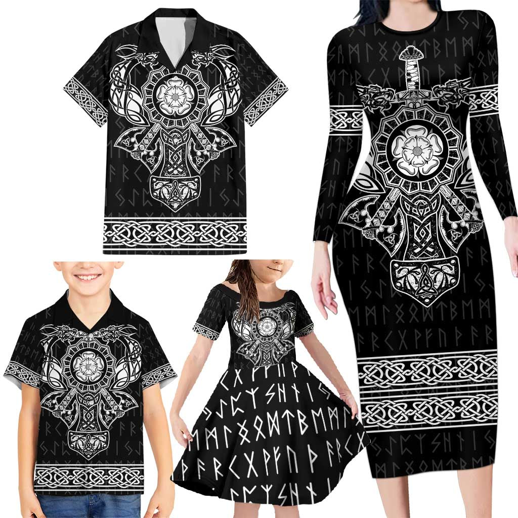Vikings from Yorkshire Family Matching Long Sleeve Bodycon Dress and Hawaiian Shirt Black Spirit of Jorvik - Wonder Print Shop