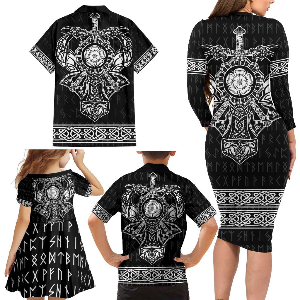 Vikings from Yorkshire Family Matching Long Sleeve Bodycon Dress and Hawaiian Shirt Black Spirit of Jorvik - Wonder Print Shop