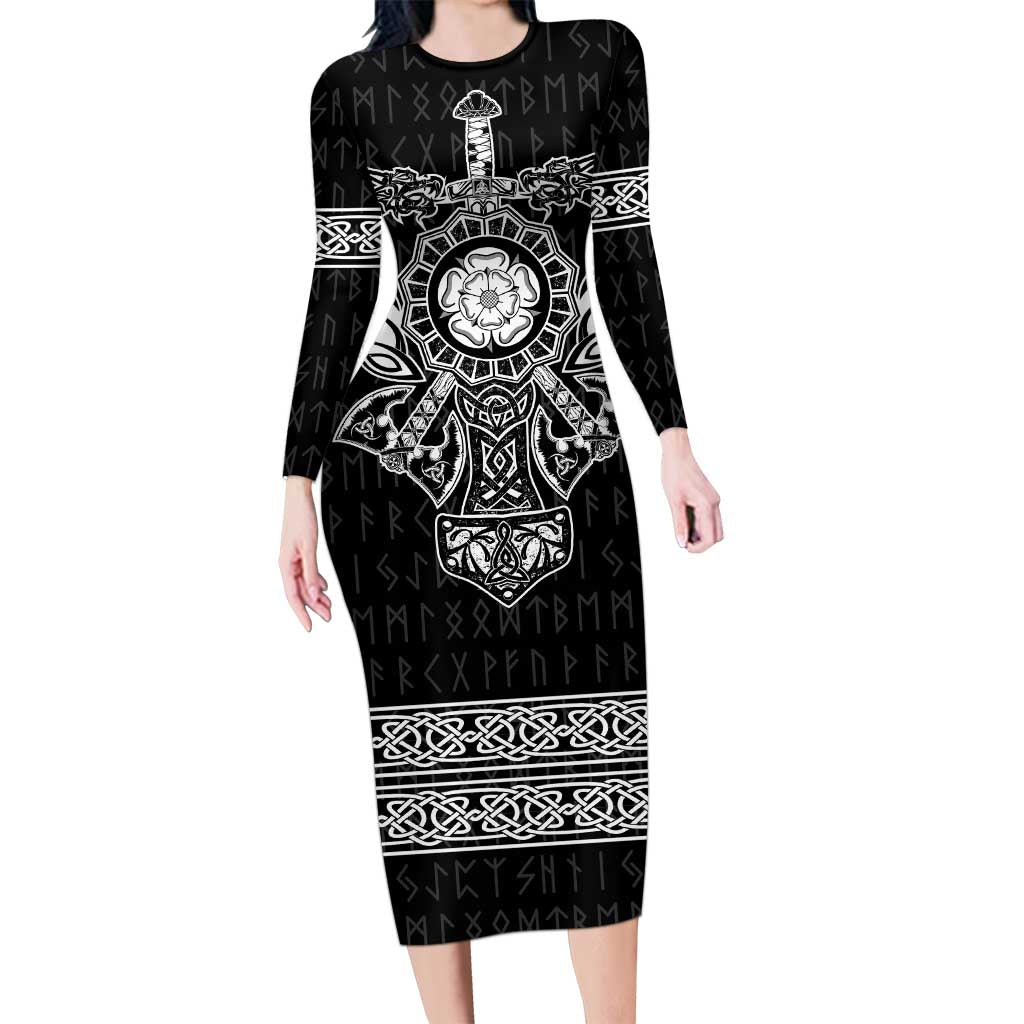 Vikings from Yorkshire Family Matching Long Sleeve Bodycon Dress and Hawaiian Shirt Black Spirit of Jorvik - Wonder Print Shop
