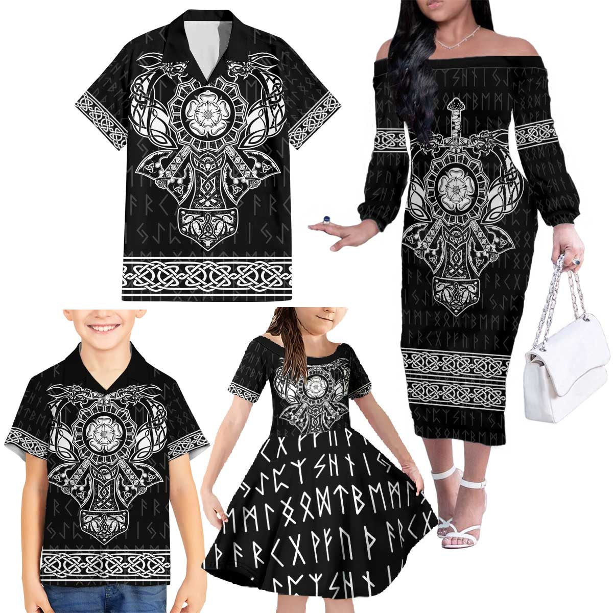 Vikings from Yorkshire Family Matching Off The Shoulder Long Sleeve Dress and Hawaiian Shirt Black Spirit of Jorvik - Wonder Print Shop