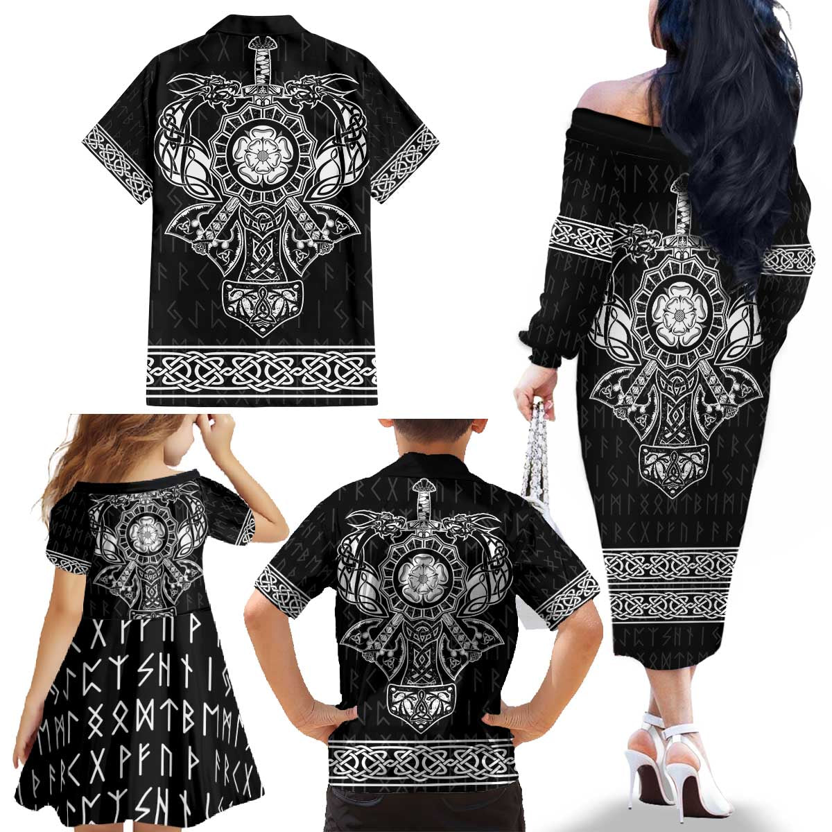 Vikings from Yorkshire Family Matching Off The Shoulder Long Sleeve Dress and Hawaiian Shirt Black Spirit of Jorvik - Wonder Print Shop