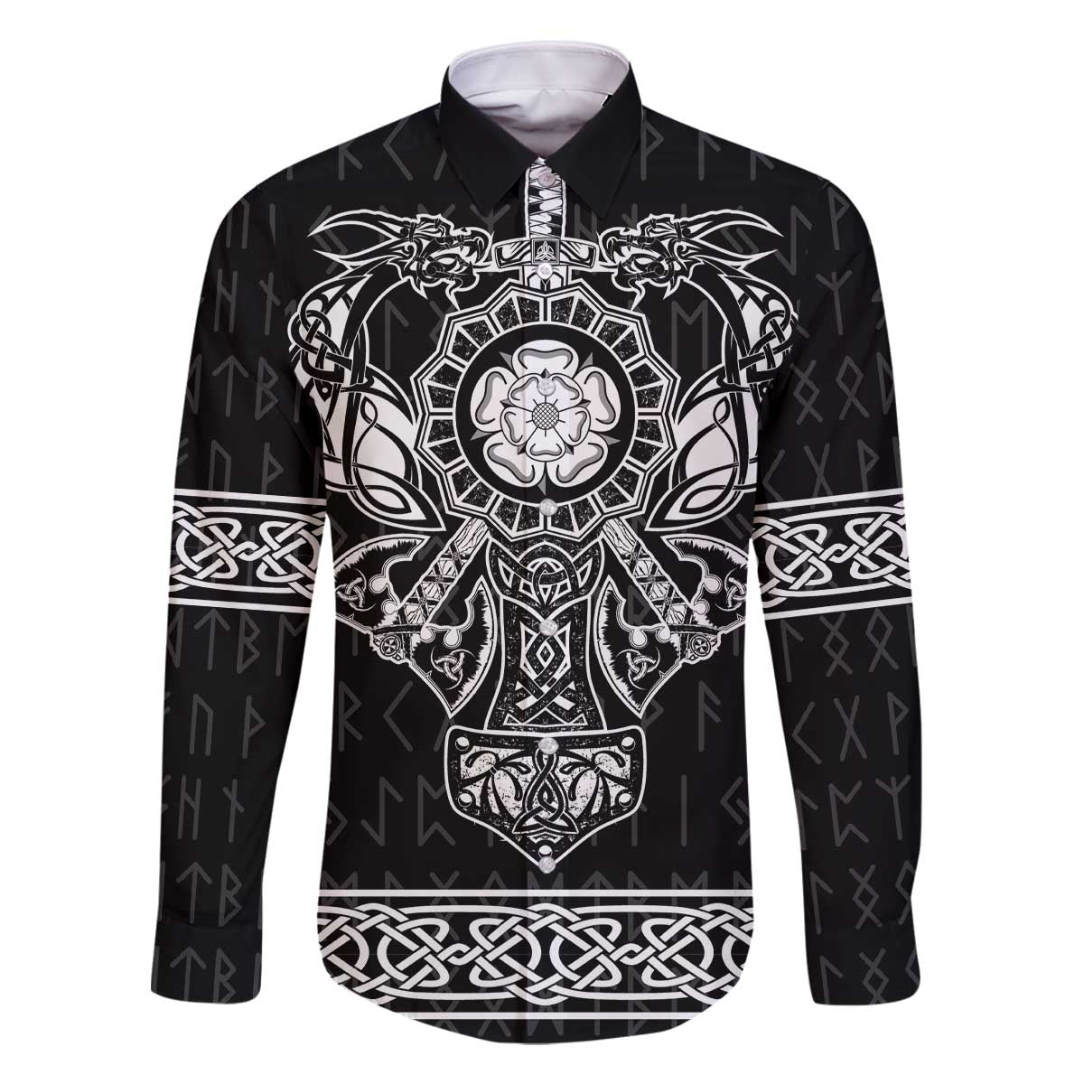 Vikings from Yorkshire Family Matching Off The Shoulder Long Sleeve Dress and Hawaiian Shirt Black Spirit of Jorvik - Wonder Print Shop