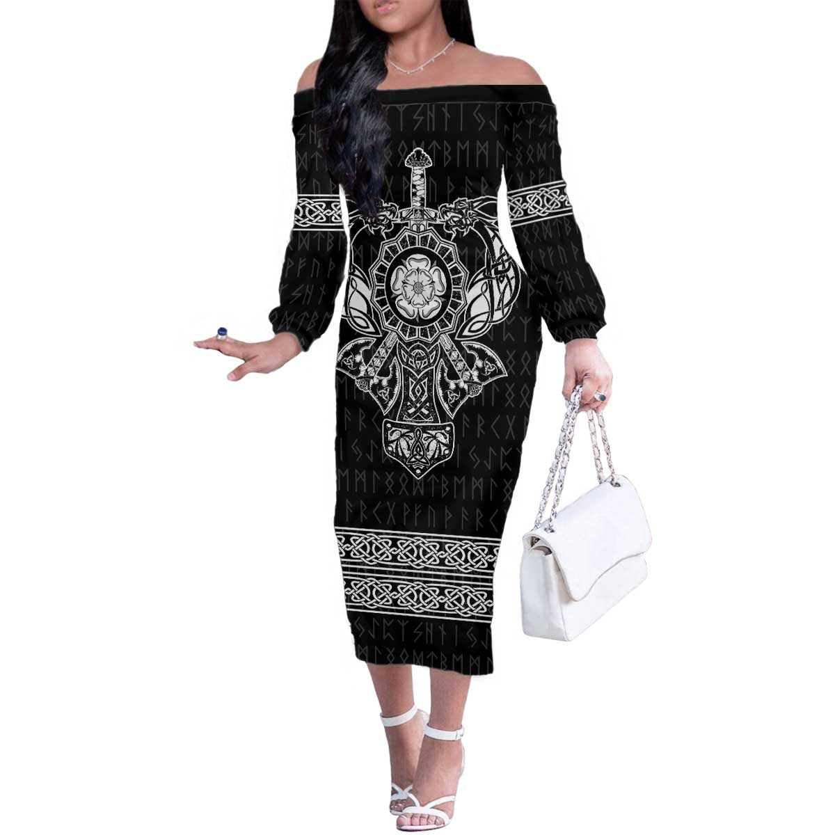 Vikings from Yorkshire Family Matching Off The Shoulder Long Sleeve Dress and Hawaiian Shirt Black Spirit of Jorvik - Wonder Print Shop