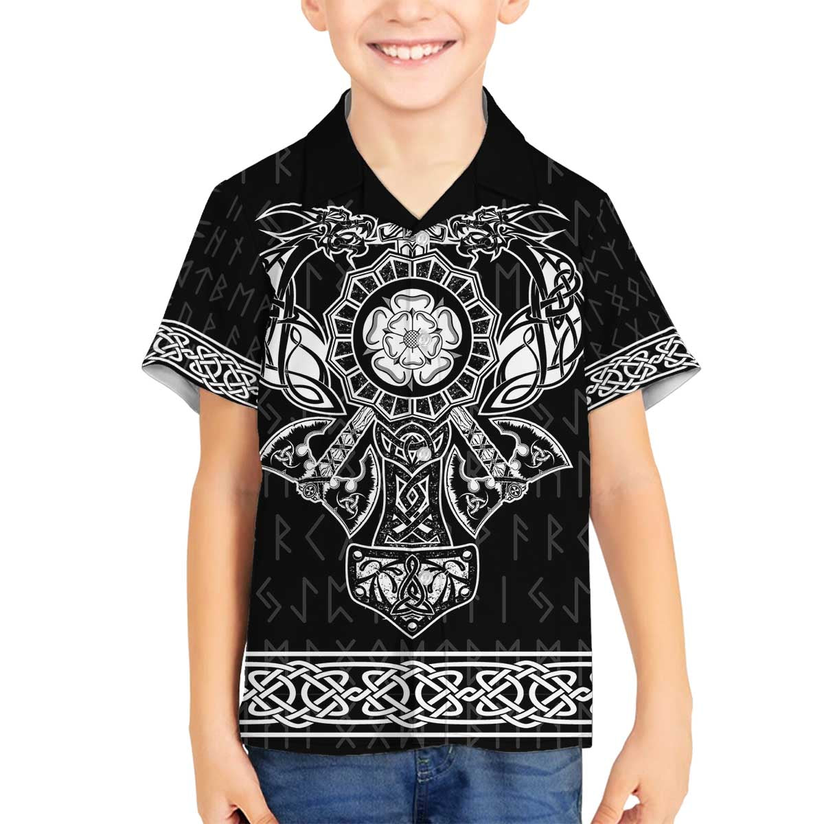 Vikings from Yorkshire Family Matching Off The Shoulder Long Sleeve Dress and Hawaiian Shirt Black Spirit of Jorvik - Wonder Print Shop