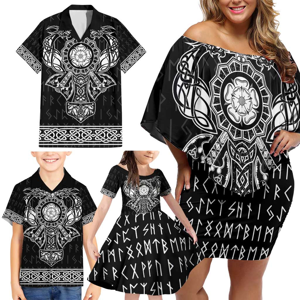 Vikings from Yorkshire Family Matching Off Shoulder Short Dress and Hawaiian Shirt Black Spirit of Jorvik - Wonder Print Shop