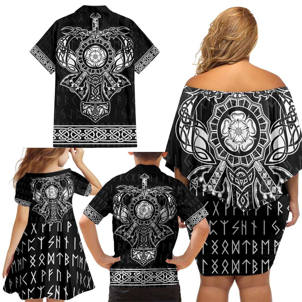 Vikings from Yorkshire Family Matching Off Shoulder Short Dress and Hawaiian Shirt Black Spirit of Jorvik - Wonder Print Shop