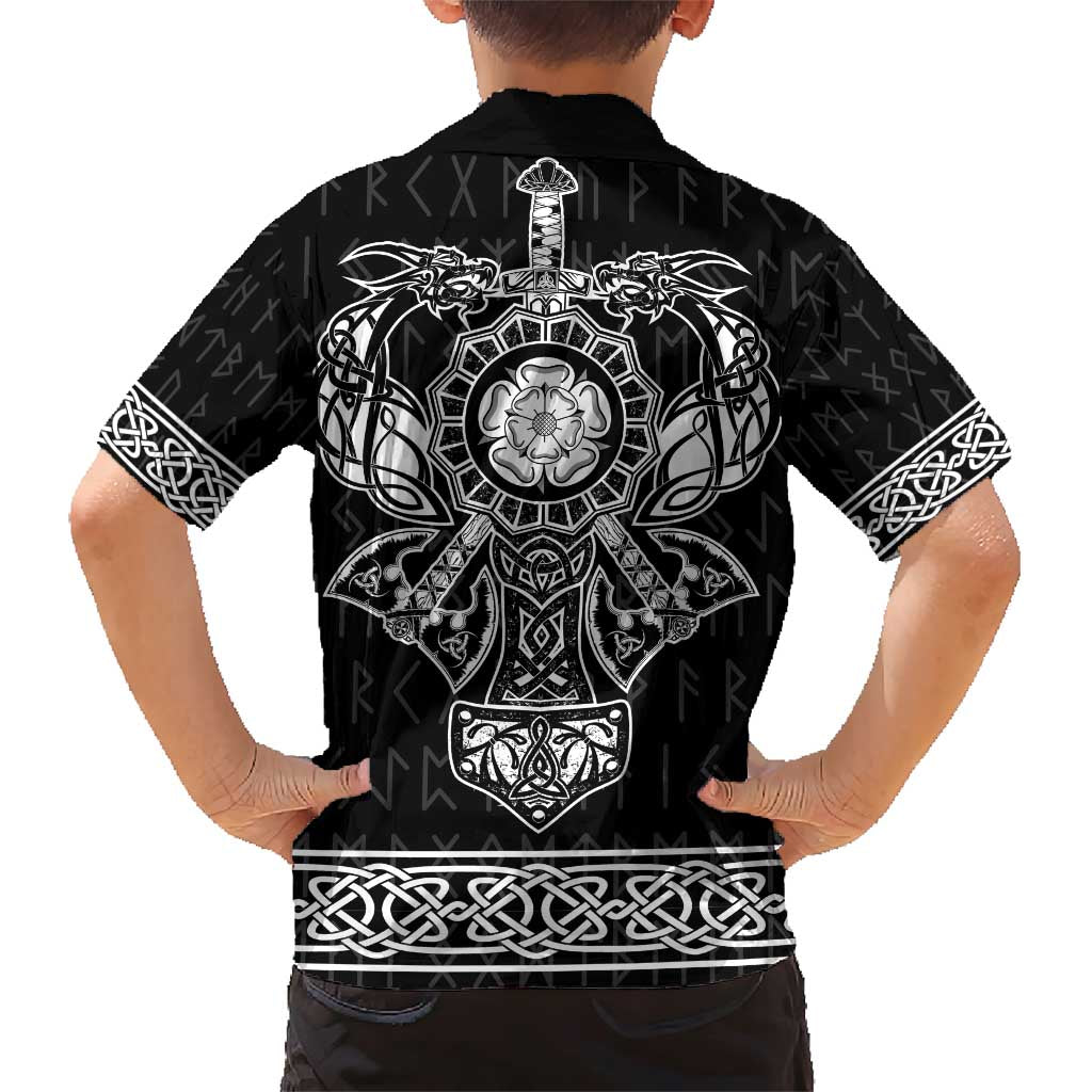 Vikings from Yorkshire Family Matching Short Sleeve Bodycon Dress and Hawaiian Shirt Black Spirit of Jorvik - Wonder Print Shop