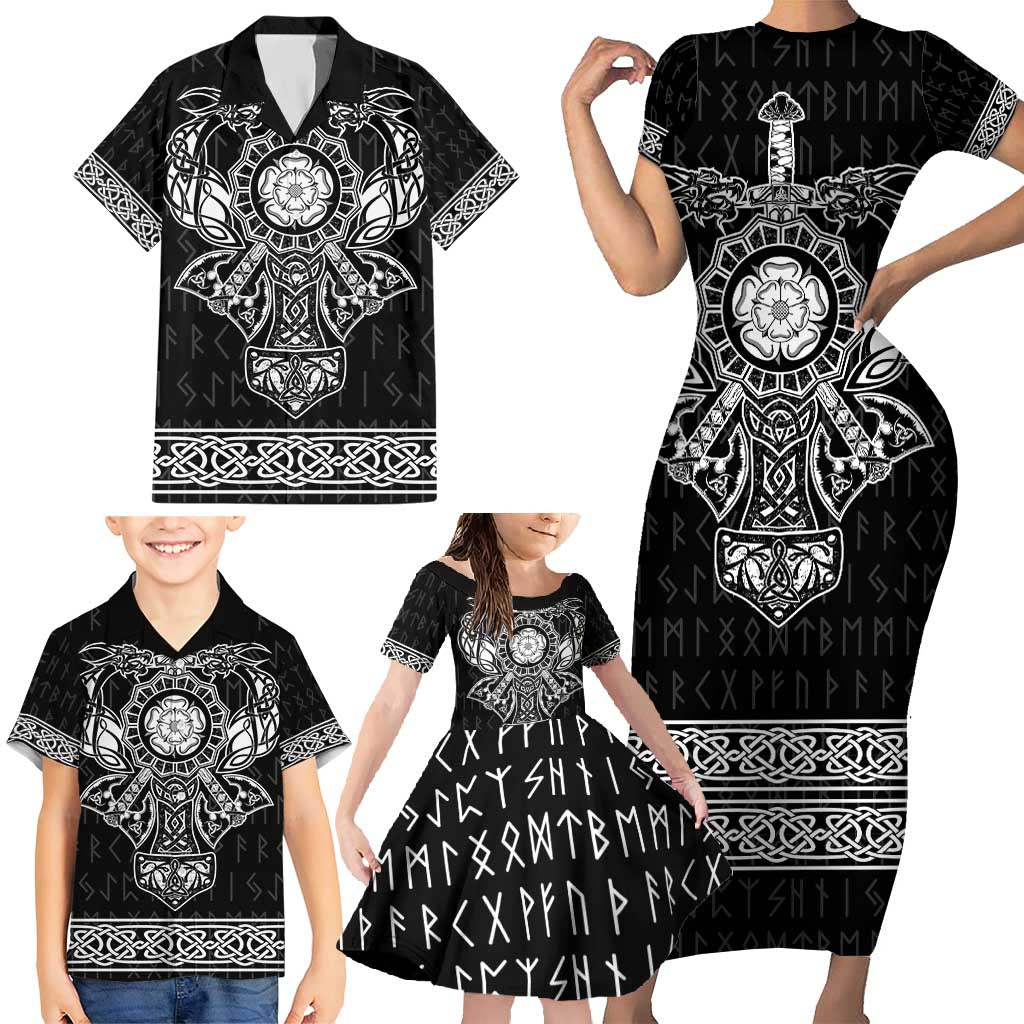 Vikings from Yorkshire Family Matching Short Sleeve Bodycon Dress and Hawaiian Shirt Black Spirit of Jorvik - Wonder Print Shop
