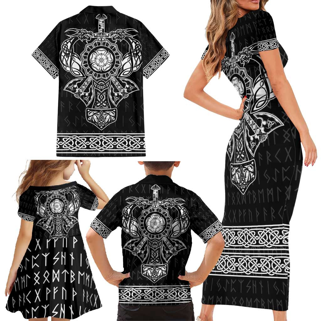 Vikings from Yorkshire Family Matching Short Sleeve Bodycon Dress and Hawaiian Shirt Black Spirit of Jorvik - Wonder Print Shop