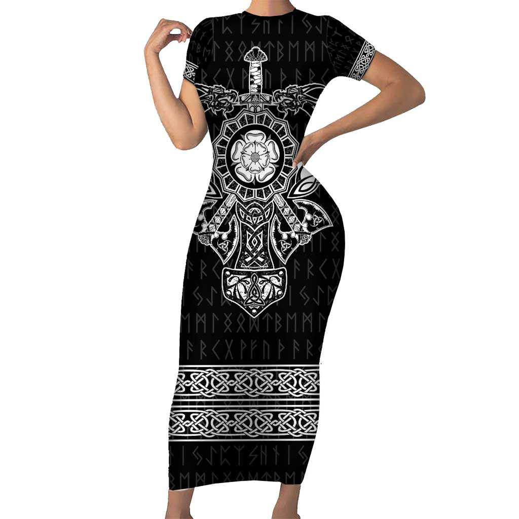 Vikings from Yorkshire Family Matching Short Sleeve Bodycon Dress and Hawaiian Shirt Black Spirit of Jorvik - Wonder Print Shop