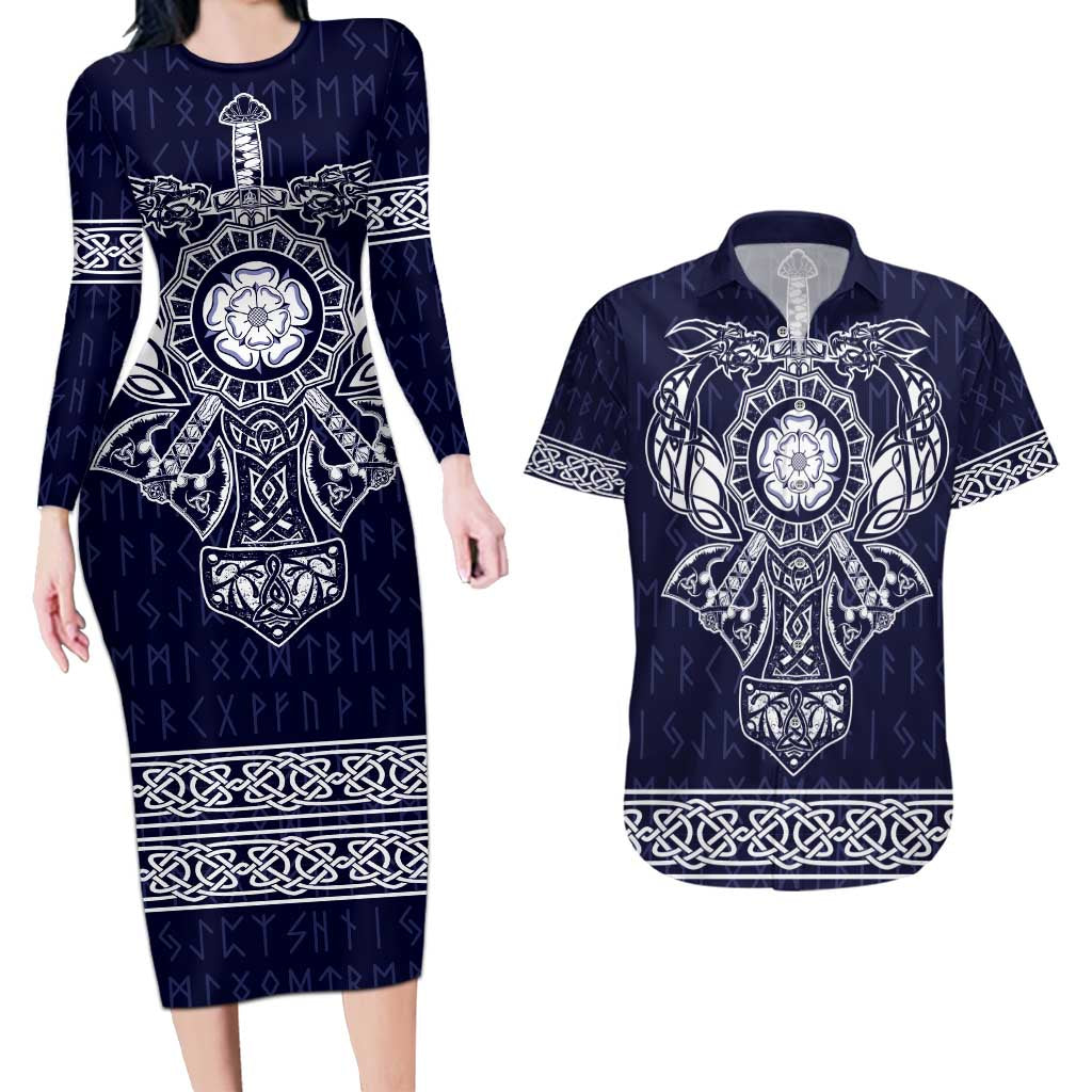 Vikings from Yorkshire Couples Matching Long Sleeve Bodycon Dress and Hawaiian Shirt Blue Spirit of Jorvik - Wonder Print Shop