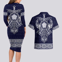 Vikings from Yorkshire Couples Matching Long Sleeve Bodycon Dress and Hawaiian Shirt Blue Spirit of Jorvik - Wonder Print Shop