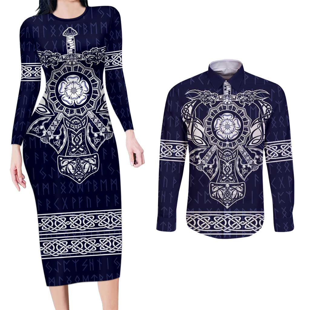 Vikings from Yorkshire Couples Matching Long Sleeve Bodycon Dress and Long Sleeve Button Shirt Blue Spirit of Jorvik - Wonder Print Shop