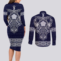 Vikings from Yorkshire Couples Matching Long Sleeve Bodycon Dress and Long Sleeve Button Shirt Blue Spirit of Jorvik - Wonder Print Shop