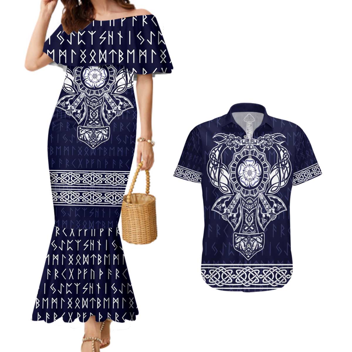 Vikings from Yorkshire Couples Matching Mermaid Dress and Hawaiian Shirt Blue Spirit of Jorvik - Wonder Print Shop