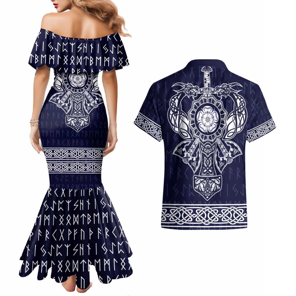 Vikings from Yorkshire Couples Matching Mermaid Dress and Hawaiian Shirt Blue Spirit of Jorvik - Wonder Print Shop