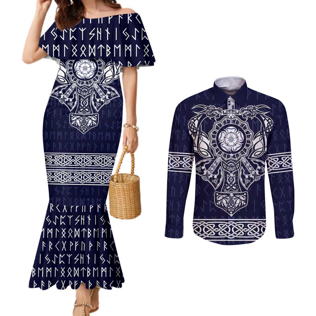 Vikings from Yorkshire Couples Matching Mermaid Dress and Long Sleeve Button Shirt Blue Spirit of Jorvik - Wonder Print Shop