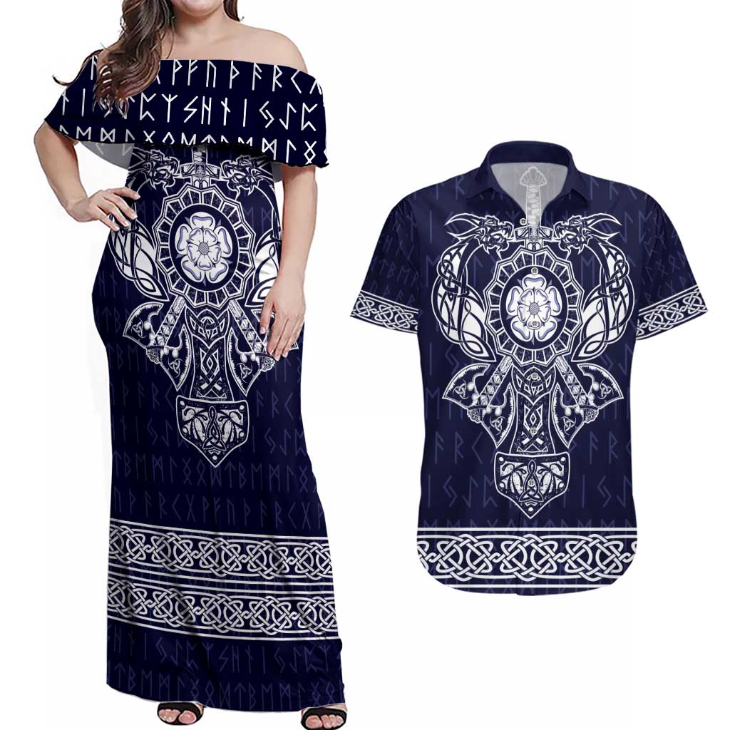 Vikings from Yorkshire Couples Matching Off Shoulder Maxi Dress and Hawaiian Shirt Blue Spirit of Jorvik - Wonder Print Shop