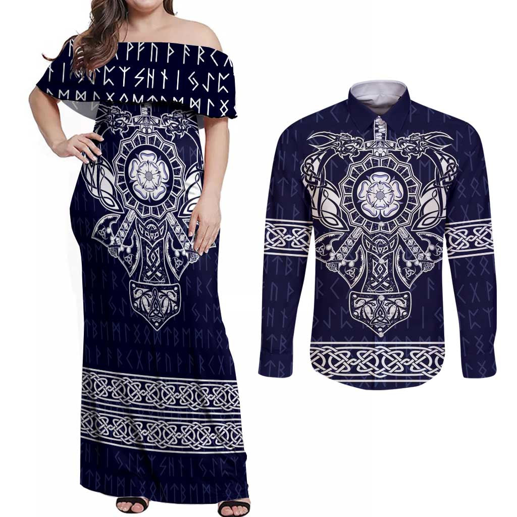 Vikings from Yorkshire Couples Matching Off Shoulder Maxi Dress and Long Sleeve Button Shirt Blue Spirit of Jorvik - Wonder Print Shop