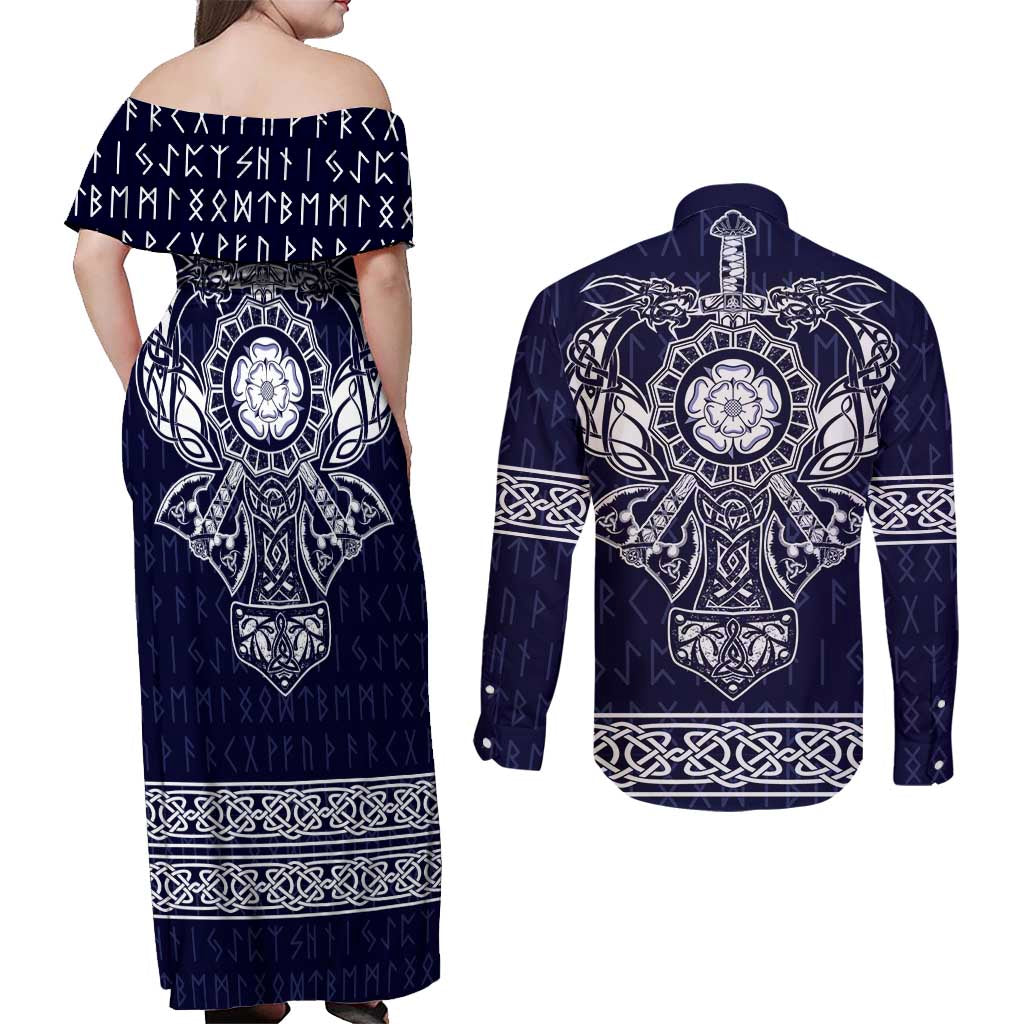 Vikings from Yorkshire Couples Matching Off Shoulder Maxi Dress and Long Sleeve Button Shirt Blue Spirit of Jorvik - Wonder Print Shop