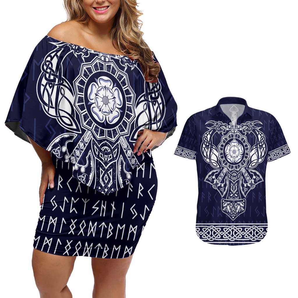 Vikings from Yorkshire Couples Matching Off Shoulder Short Dress and Hawaiian Shirt Blue Spirit of Jorvik - Wonder Print Shop