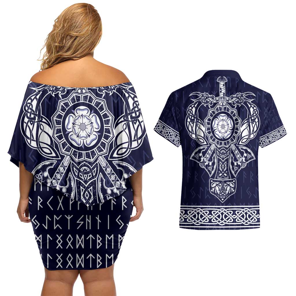 Vikings from Yorkshire Couples Matching Off Shoulder Short Dress and Hawaiian Shirt Blue Spirit of Jorvik - Wonder Print Shop