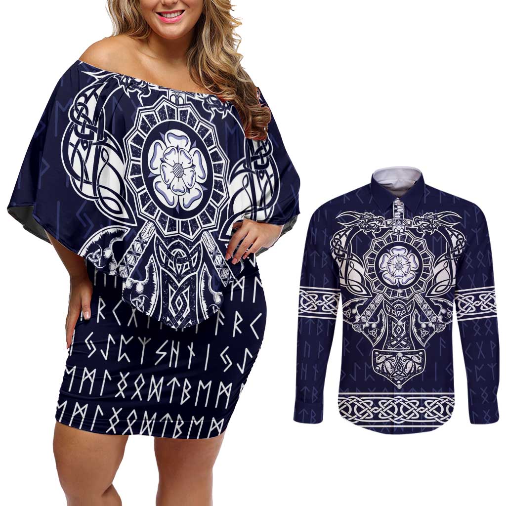 Vikings from Yorkshire Couples Matching Off Shoulder Short Dress and Long Sleeve Button Shirt Blue Spirit of Jorvik - Wonder Print Shop
