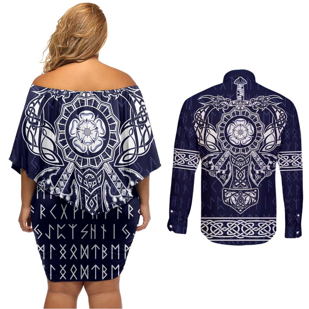 Vikings from Yorkshire Couples Matching Off Shoulder Short Dress and Long Sleeve Button Shirt Blue Spirit of Jorvik - Wonder Print Shop