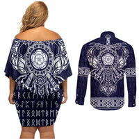 Vikings from Yorkshire Couples Matching Off Shoulder Short Dress and Long Sleeve Button Shirt Blue Spirit of Jorvik - Wonder Print Shop