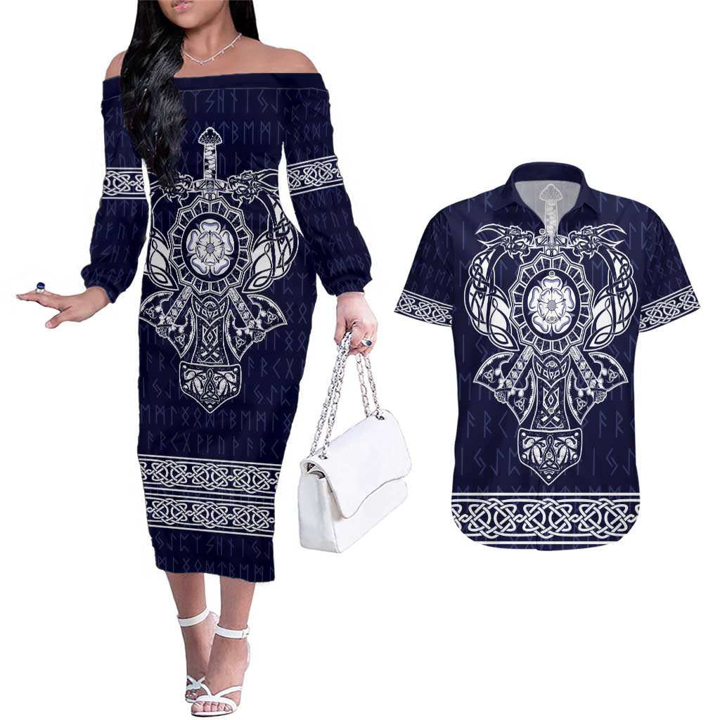 Vikings from Yorkshire Couples Matching Off The Shoulder Long Sleeve Dress and Hawaiian Shirt Blue Spirit of Jorvik - Wonder Print Shop