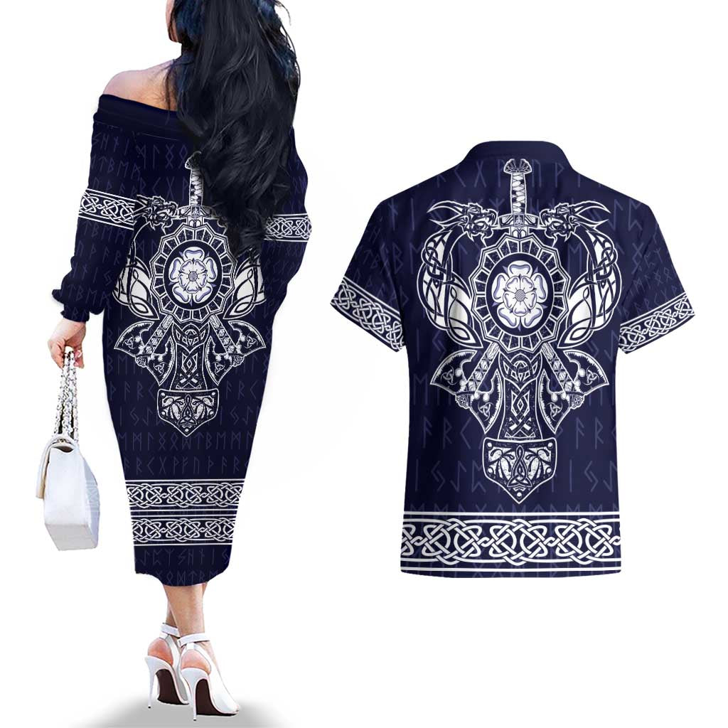 Vikings from Yorkshire Couples Matching Off The Shoulder Long Sleeve Dress and Hawaiian Shirt Blue Spirit of Jorvik - Wonder Print Shop