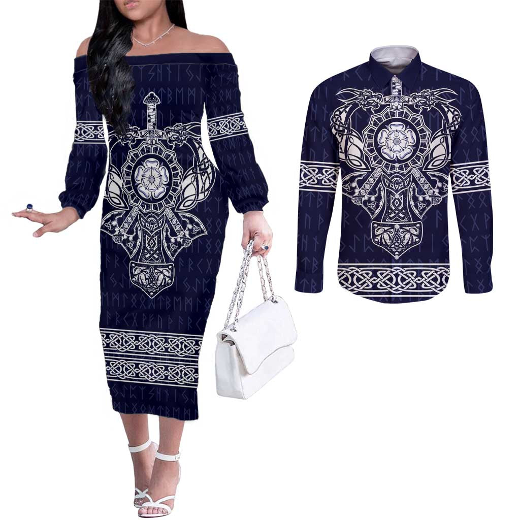 Vikings from Yorkshire Couples Matching Off The Shoulder Long Sleeve Dress and Long Sleeve Button Shirt Blue Spirit of Jorvik - Wonder Print Shop