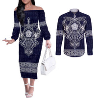 Vikings from Yorkshire Couples Matching Off The Shoulder Long Sleeve Dress and Long Sleeve Button Shirt Blue Spirit of Jorvik - Wonder Print Shop