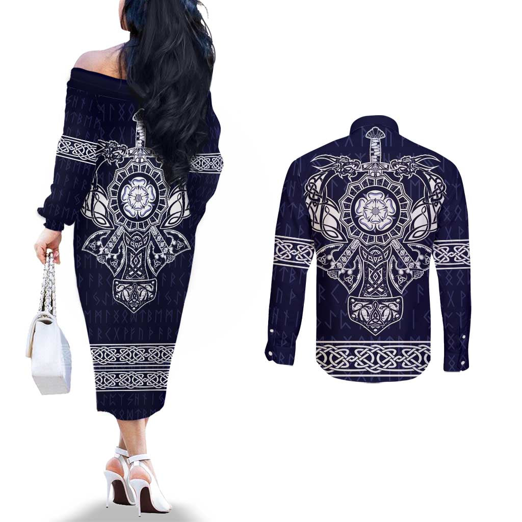 Vikings from Yorkshire Couples Matching Off The Shoulder Long Sleeve Dress and Long Sleeve Button Shirt Blue Spirit of Jorvik - Wonder Print Shop
