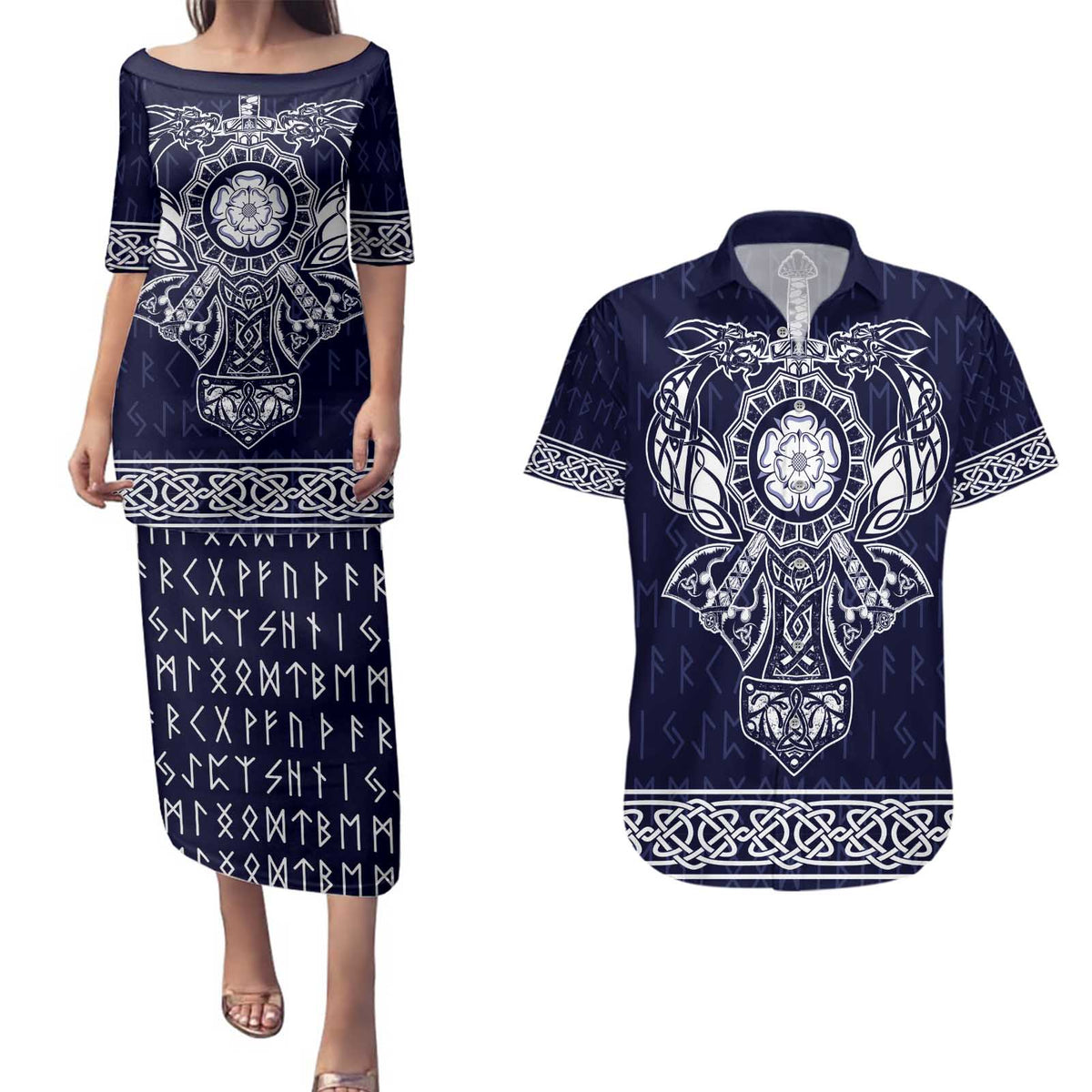 Vikings from Yorkshire Couples Matching Puletasi and Hawaiian Shirt Blue Spirit of Jorvik - Wonder Print Shop