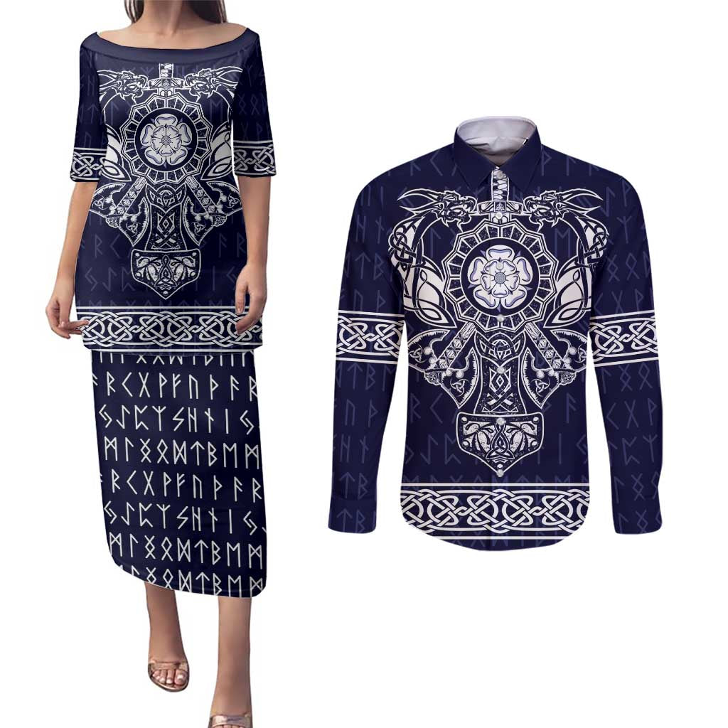 Vikings from Yorkshire Couples Matching Puletasi and Long Sleeve Button Shirt Blue Spirit of Jorvik - Wonder Print Shop