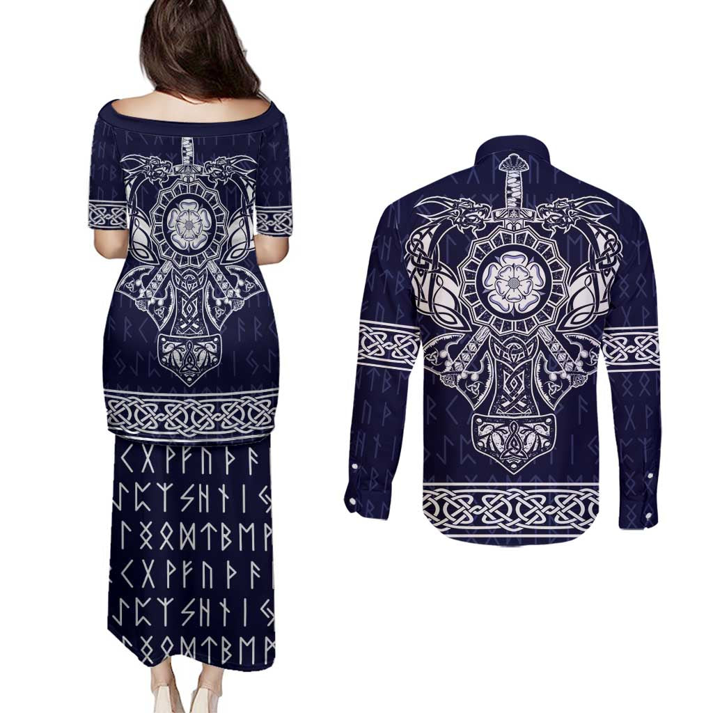 Vikings from Yorkshire Couples Matching Puletasi and Long Sleeve Button Shirt Blue Spirit of Jorvik - Wonder Print Shop
