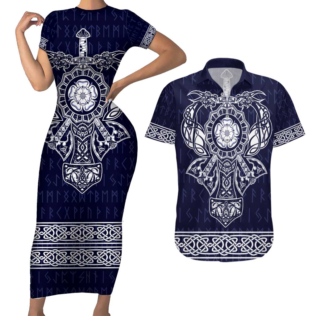 Vikings from Yorkshire Couples Matching Short Sleeve Bodycon Dress and Hawaiian Shirt Blue Spirit of Jorvik - Wonder Print Shop