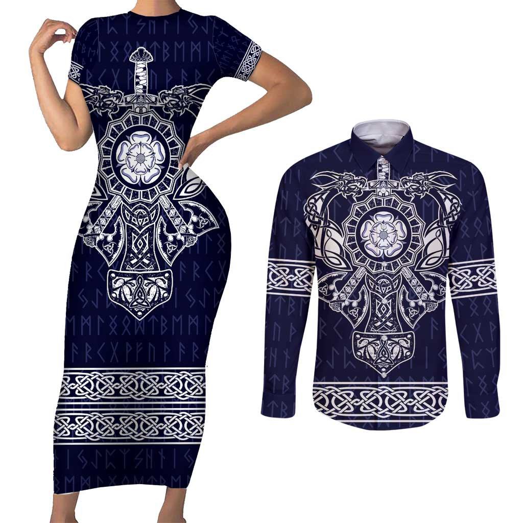 Vikings from Yorkshire Couples Matching Short Sleeve Bodycon Dress and Long Sleeve Button Shirt Blue Spirit of Jorvik - Wonder Print Shop