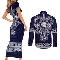 Vikings from Yorkshire Couples Matching Short Sleeve Bodycon Dress and Long Sleeve Button Shirt Blue Spirit of Jorvik - Wonder Print Shop