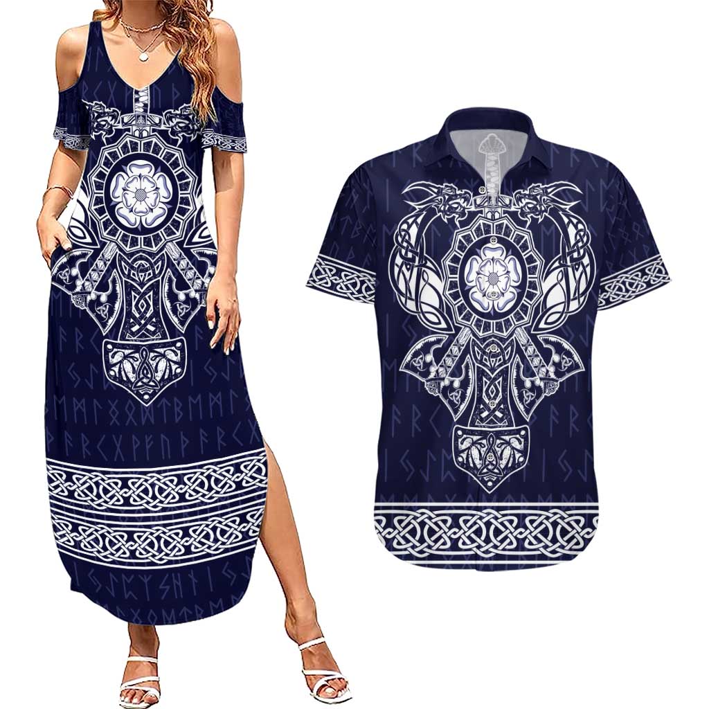 Vikings from Yorkshire Couples Matching Summer Maxi Dress and Hawaiian Shirt Blue Spirit of Jorvik - Wonder Print Shop