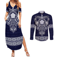 Vikings from Yorkshire Couples Matching Summer Maxi Dress and Long Sleeve Button Shirt Blue Spirit of Jorvik - Wonder Print Shop