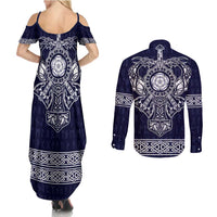 Vikings from Yorkshire Couples Matching Summer Maxi Dress and Long Sleeve Button Shirt Blue Spirit of Jorvik - Wonder Print Shop