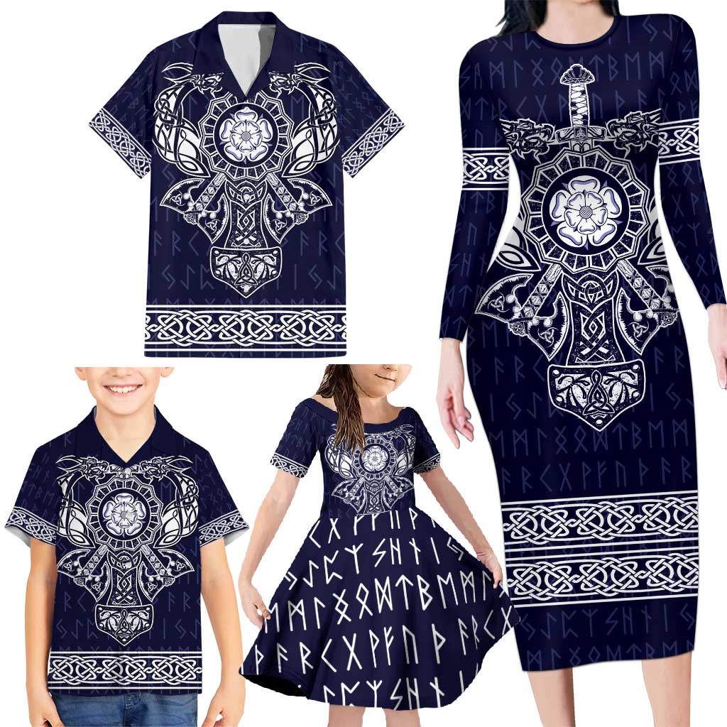 Vikings from Yorkshire Family Matching Long Sleeve Bodycon Dress and Hawaiian Shirt Blue Spirit of Jorvik - Wonder Print Shop