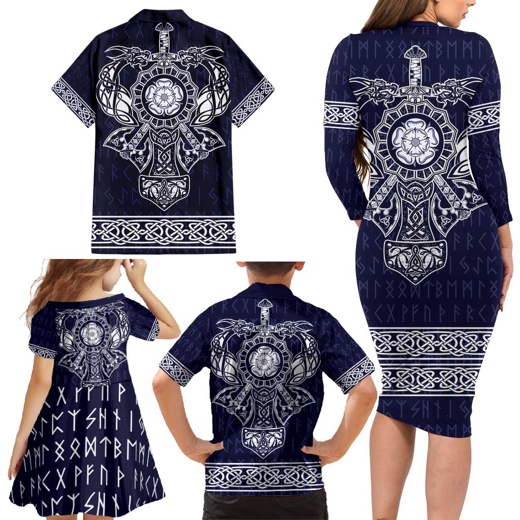 Vikings from Yorkshire Family Matching Long Sleeve Bodycon Dress and Hawaiian Shirt Blue Spirit of Jorvik - Wonder Print Shop